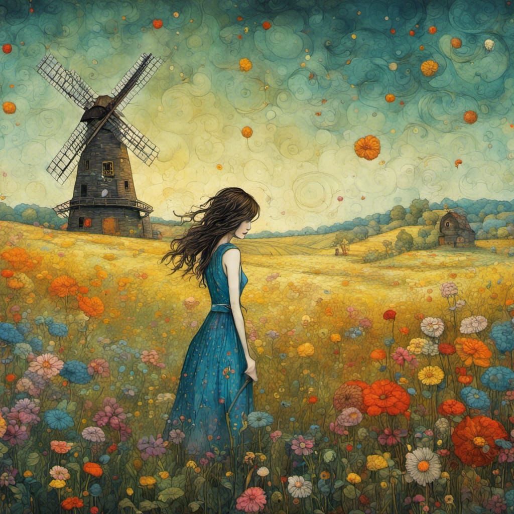 Girl in Flower Field: Vivid Colors, Detailed Rendering