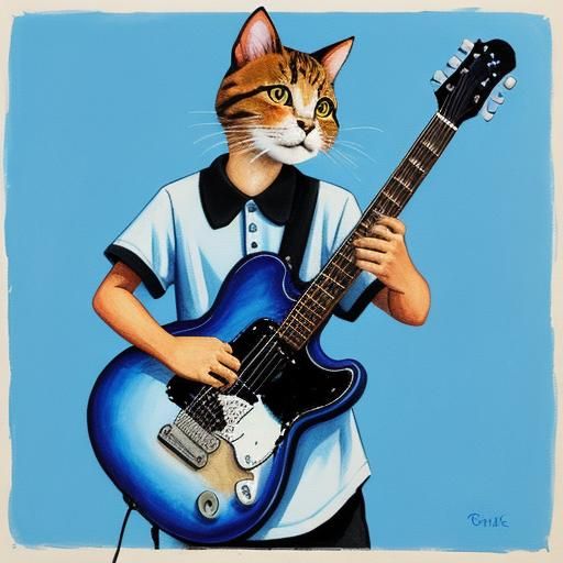 Cat Playing Guitar in Gouache Style