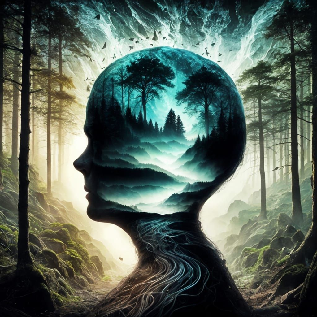 Surreal Double Exposure: Guitar and Forest