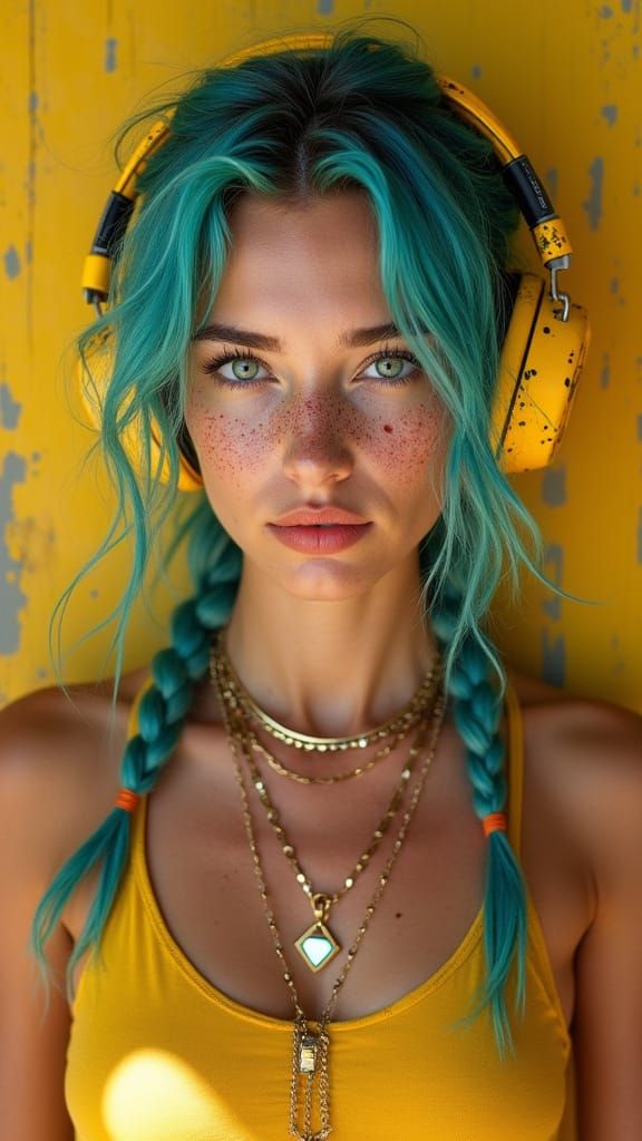 Hyperrealistic Portrait of Freckled Woman with Turquoise Hai...