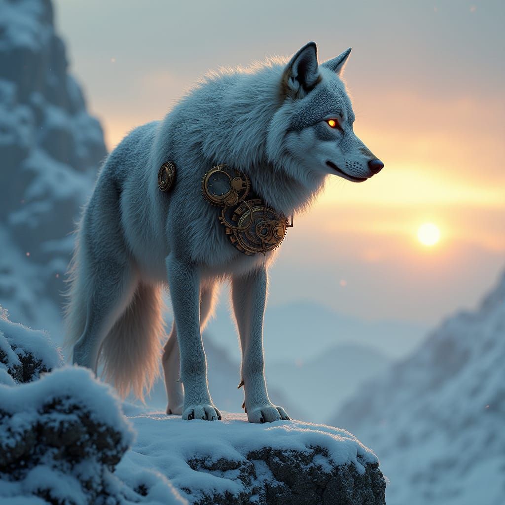 Steampunk Wolf on Snowy Mountain at Sunrise