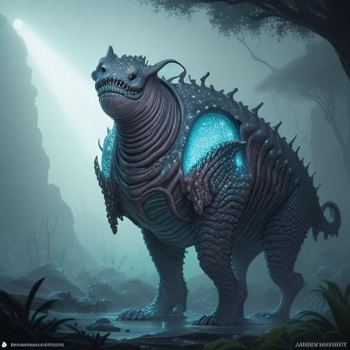 an awkward alien creature called a Jiisaføappulixë on a natural alien seashore/a quadruped with 2 exaggerated long limbs...