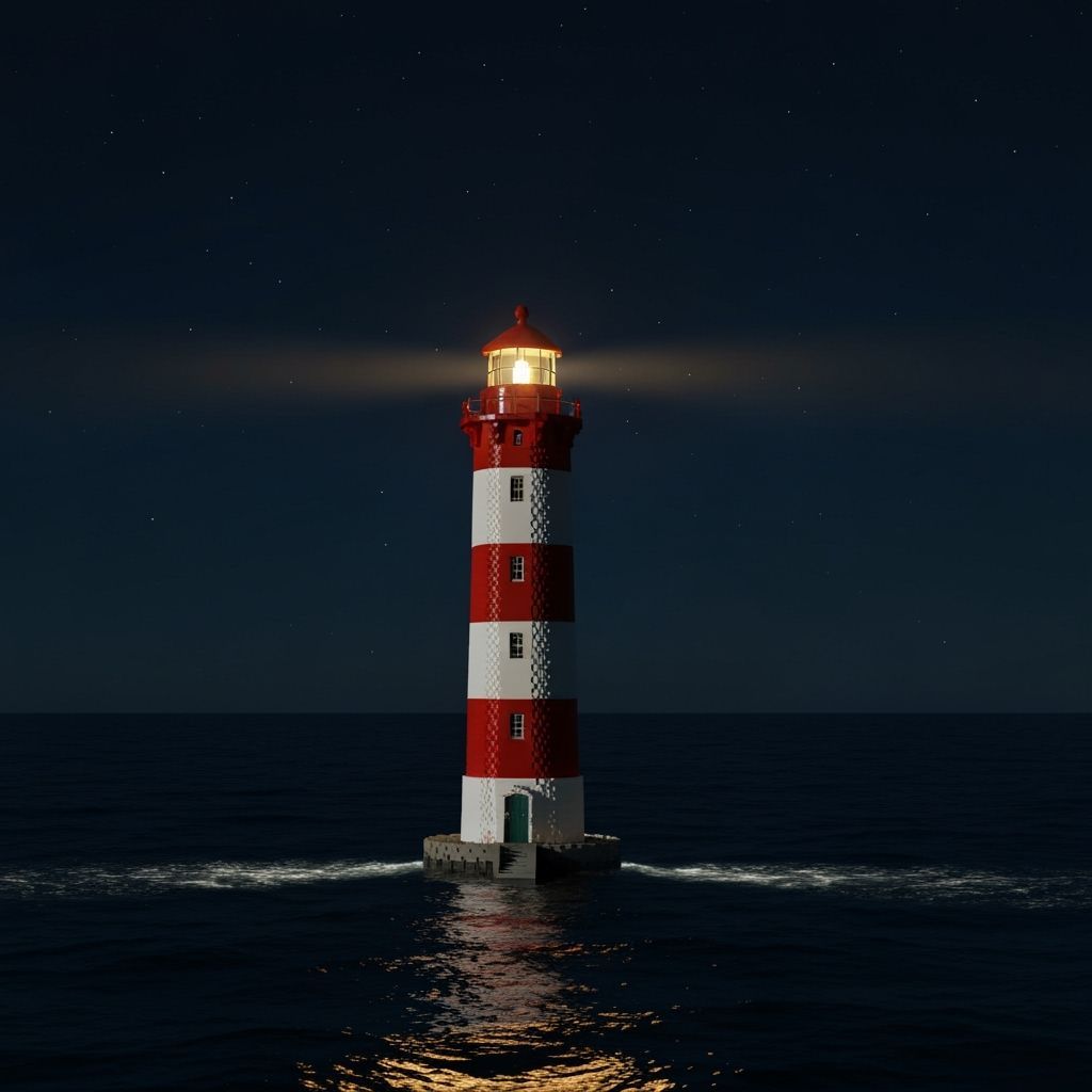Giant Lego Lighthouse on Dark Ocean