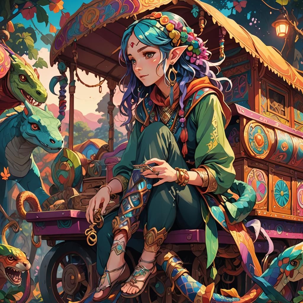 Anime Elf Girl with Snake on Gypsy Caravan