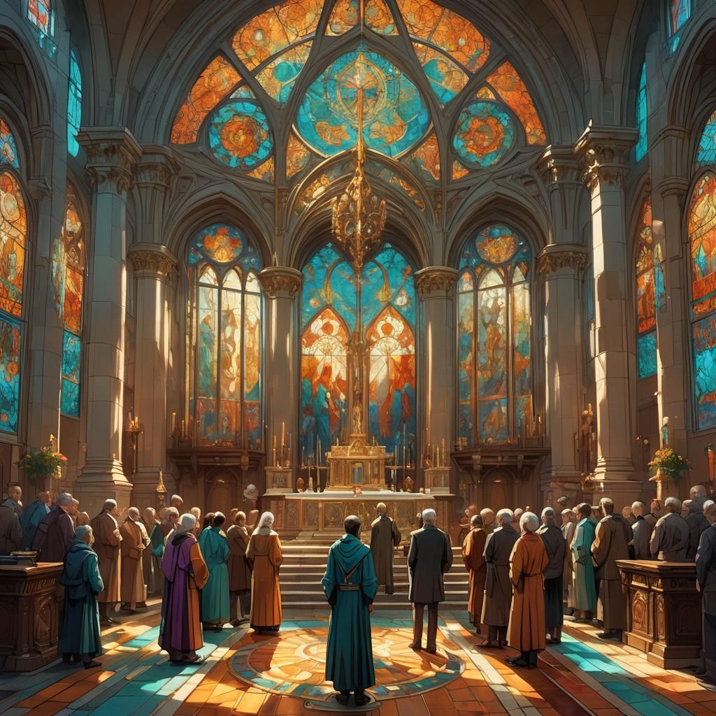 Ra and Parishioners in Ornate Art Nouveau Church
