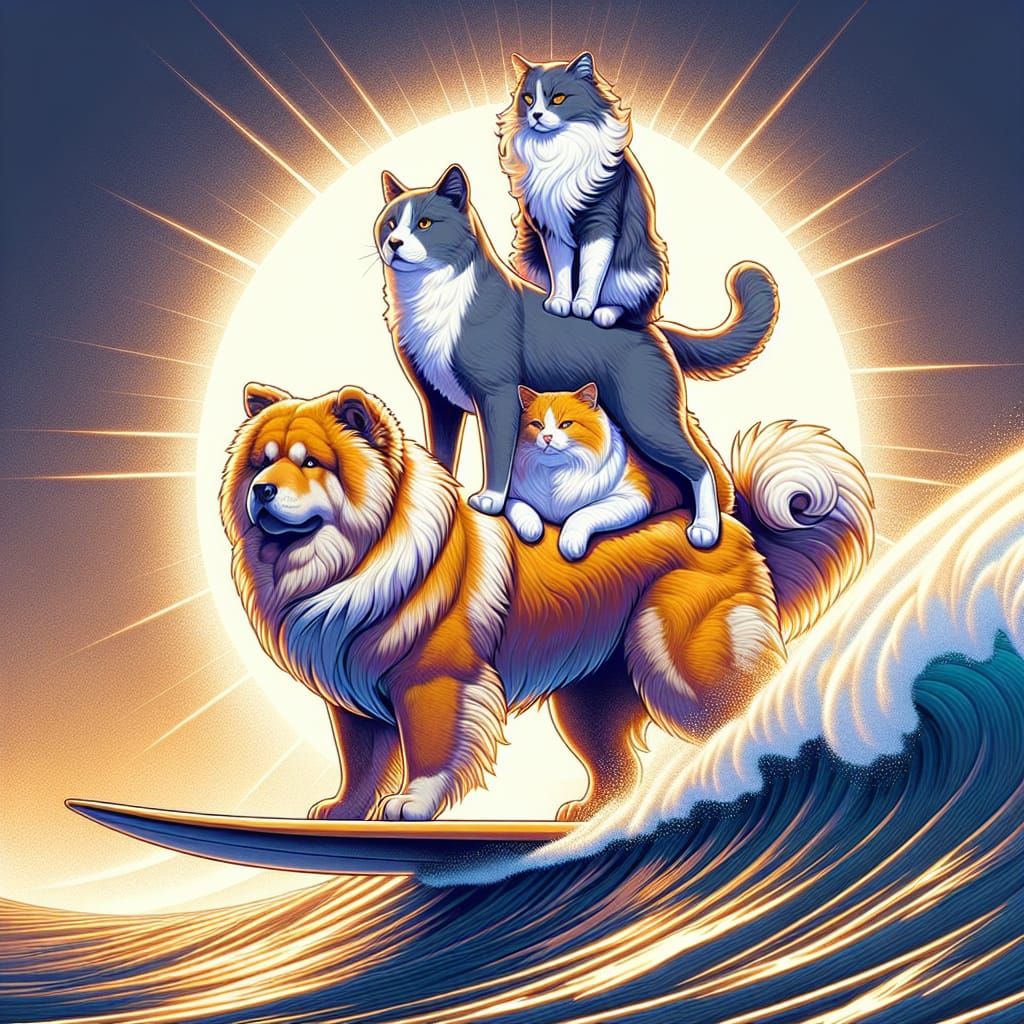 Stacked Animals Surfing: A Dreamlike Anime Scene