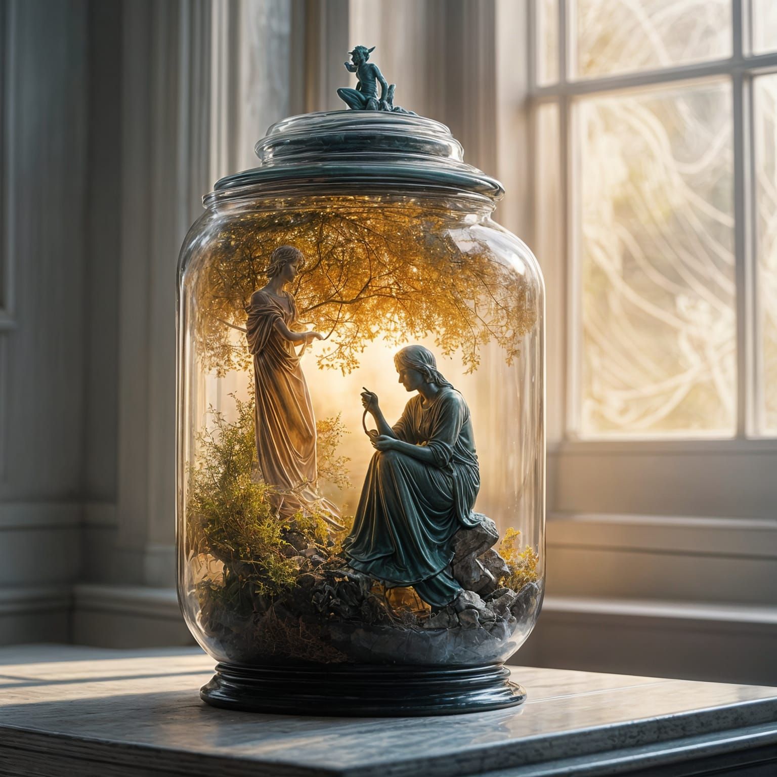 Surreal Oil Painting of a Glowing Statue in a Glass Jar