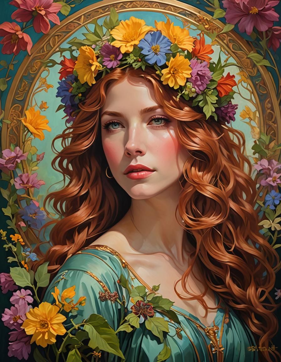 Art Nouveau Portrait with Spring Flower Crown