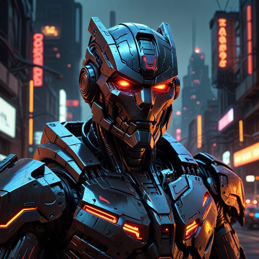 Cyberpunk Robot Megatron in Neon-Lit Cityscape