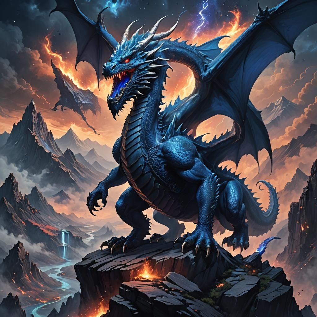 Blue Dragon on Mountain Peak: Fantasy Concept Art