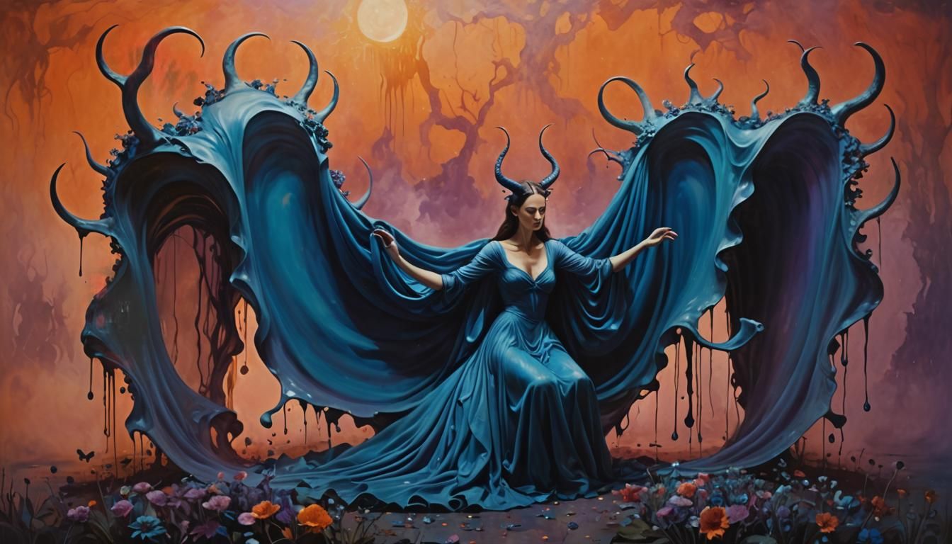 Surreal Woman in Moonlit Garden: Ethereal Oil Painting