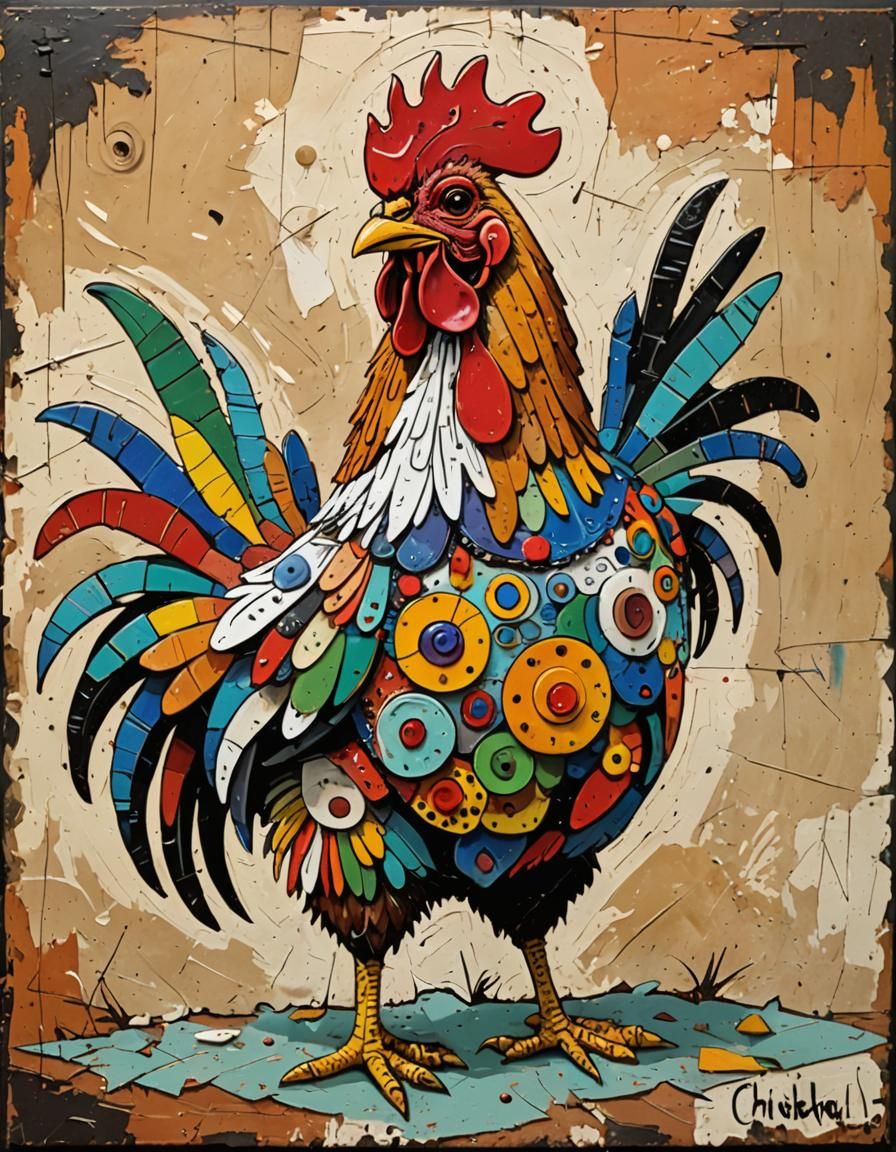 Humorous Chicken in Art Brut Style