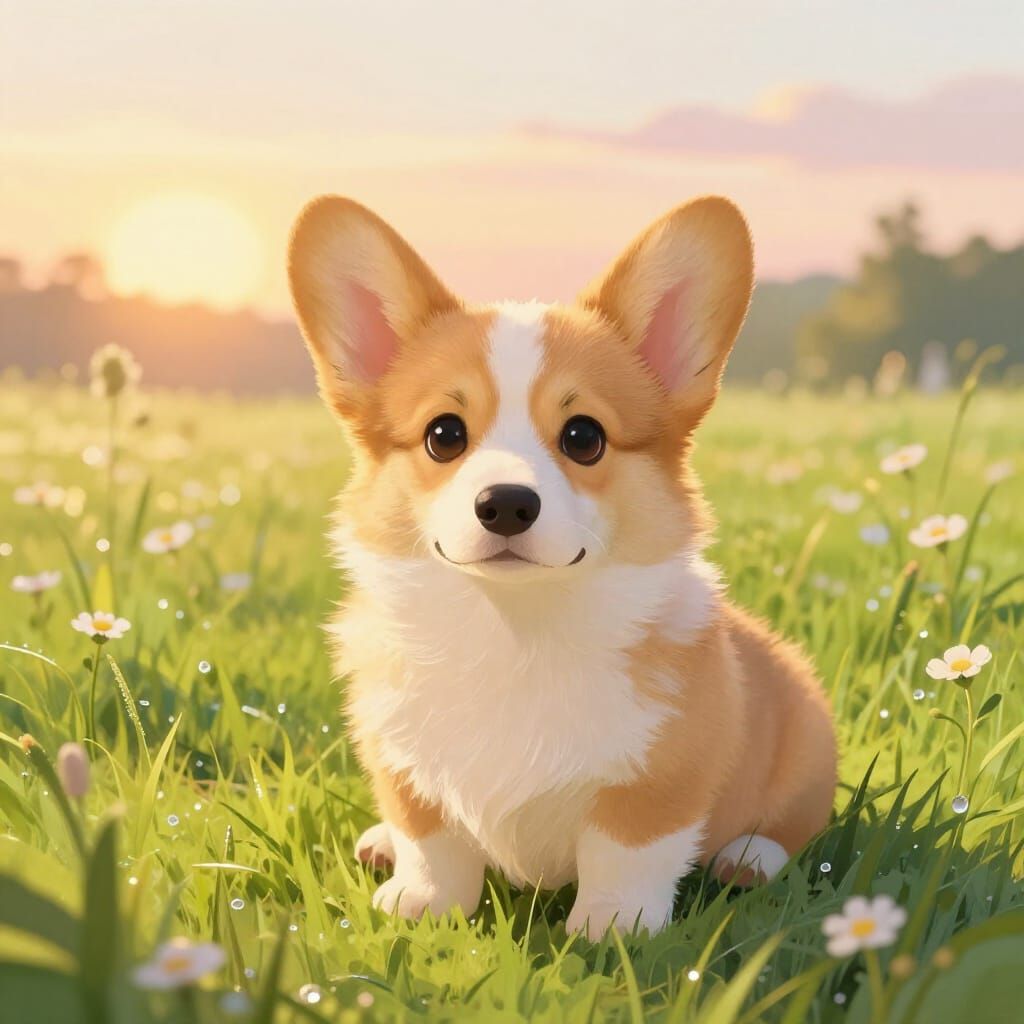 Fluffy Corgi Puppy in Golden Hour Meadow