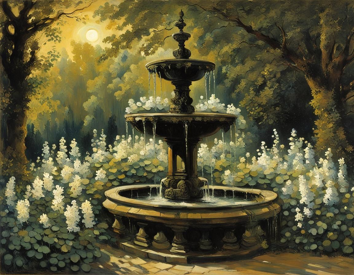 Forest Fountain with Climbing Plants in Evening Sun