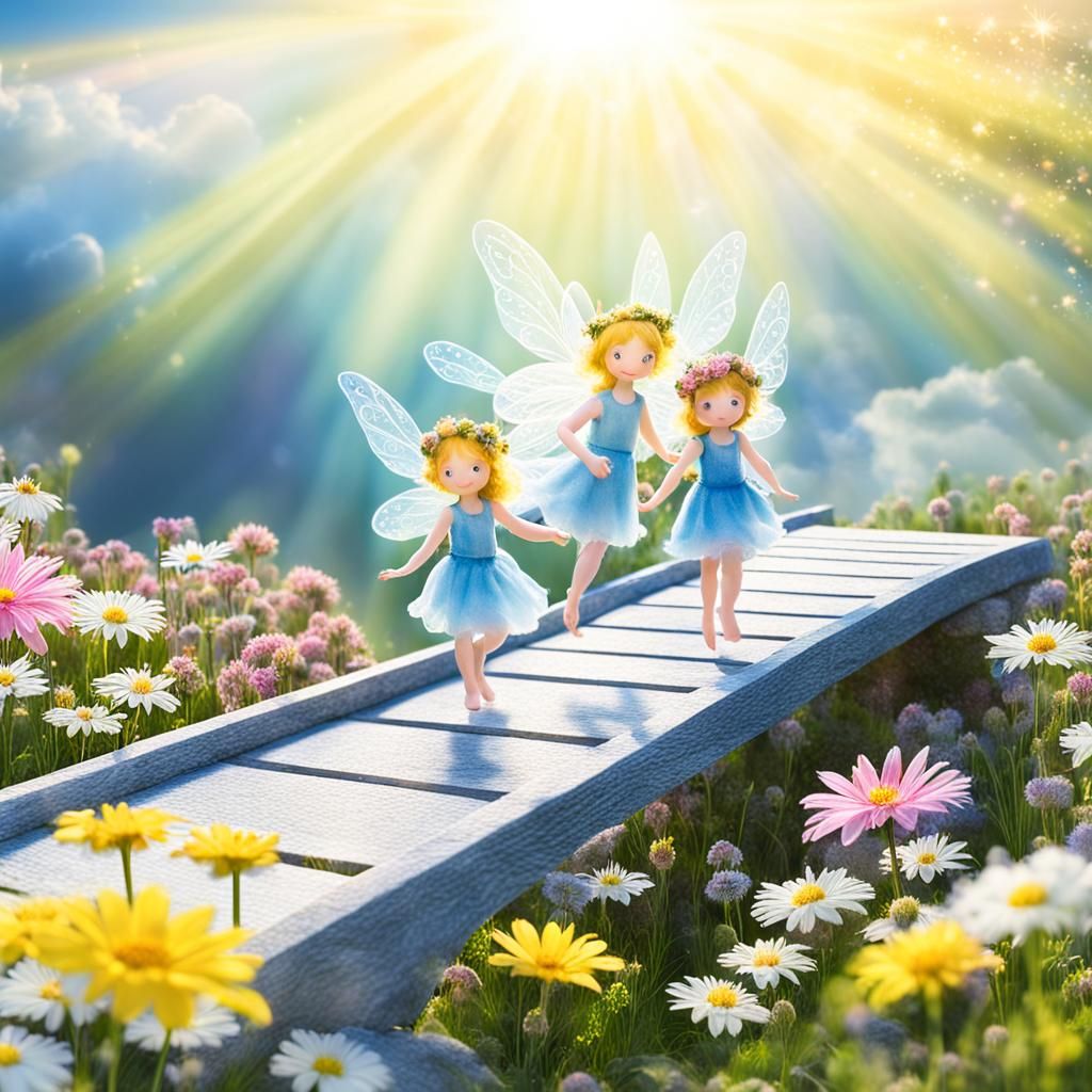 Fairies Playing at a Pond with Flowers