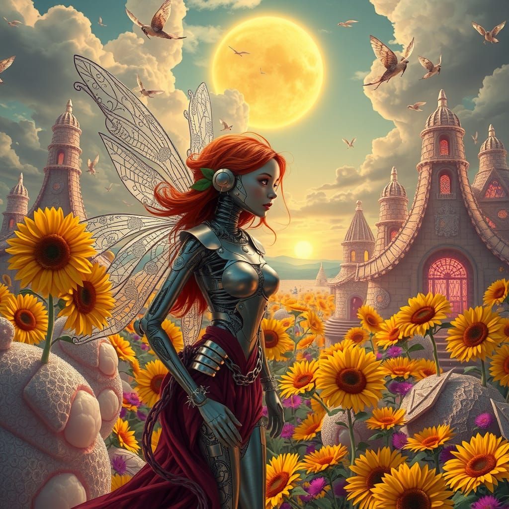 Surreal Cyborg Landscape with Flowers in Dreamlike Style