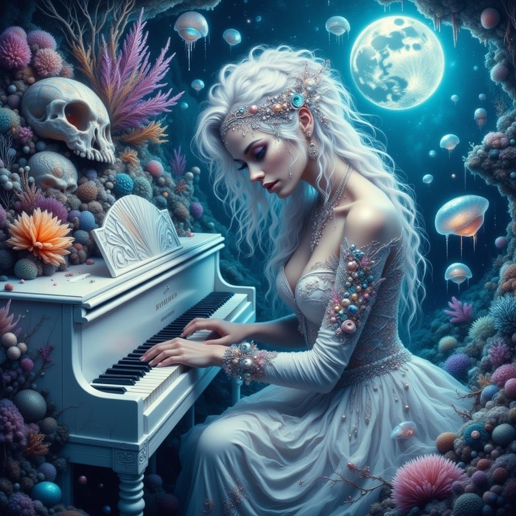 Underwater Piano Concert in a Bioluminescent Coral Reef