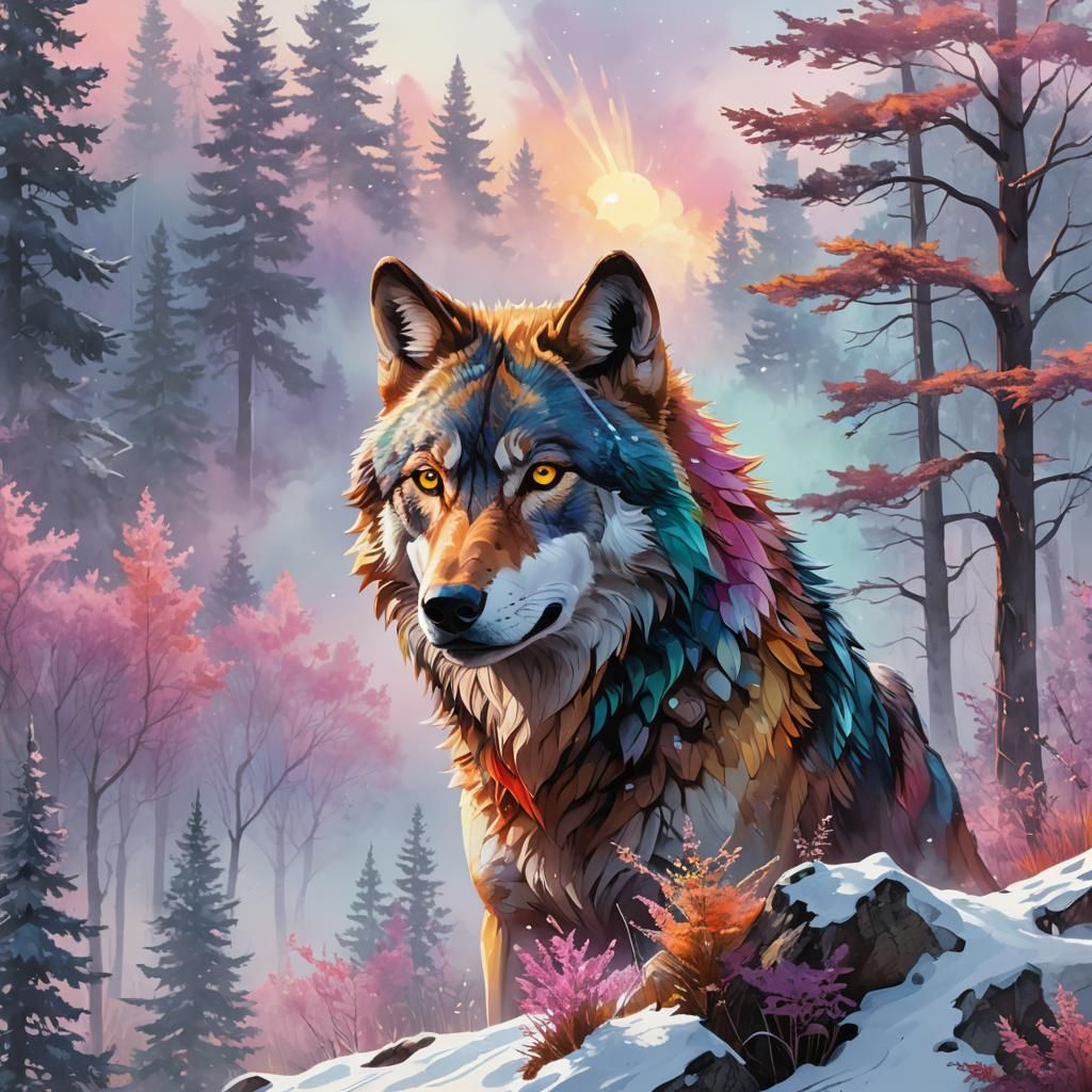 Colorful Wolf Head with Landscape, Digital Art