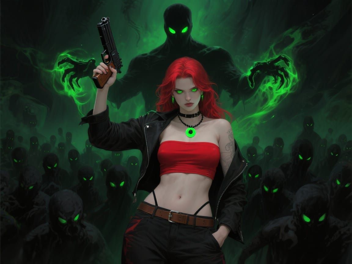 Red-Haired Woman with Glowing Eyes in Dark Fantasy Style