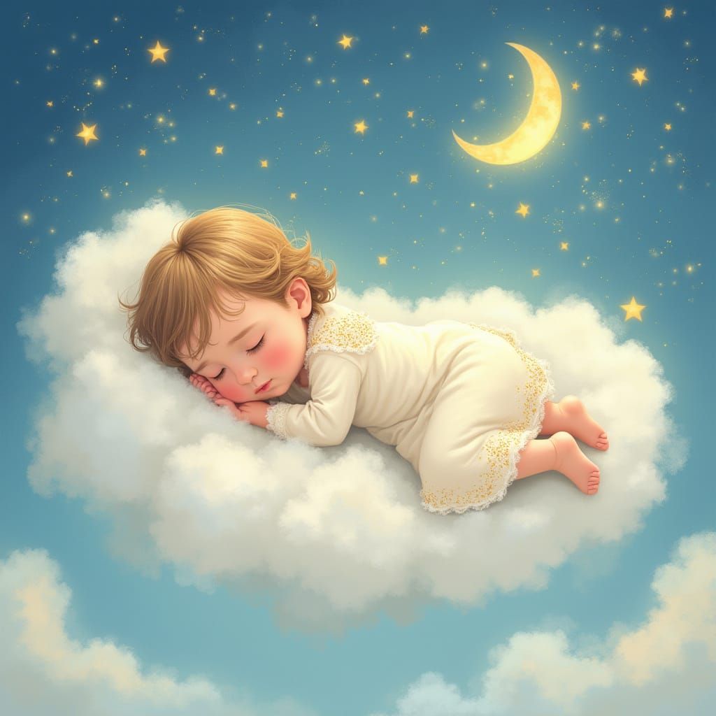 Whimsical Child Floats on Cloud with Stars and Moon
