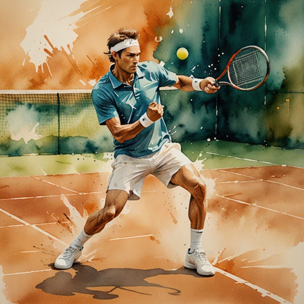 Abstract Watercolor of Cat Playing Tennis