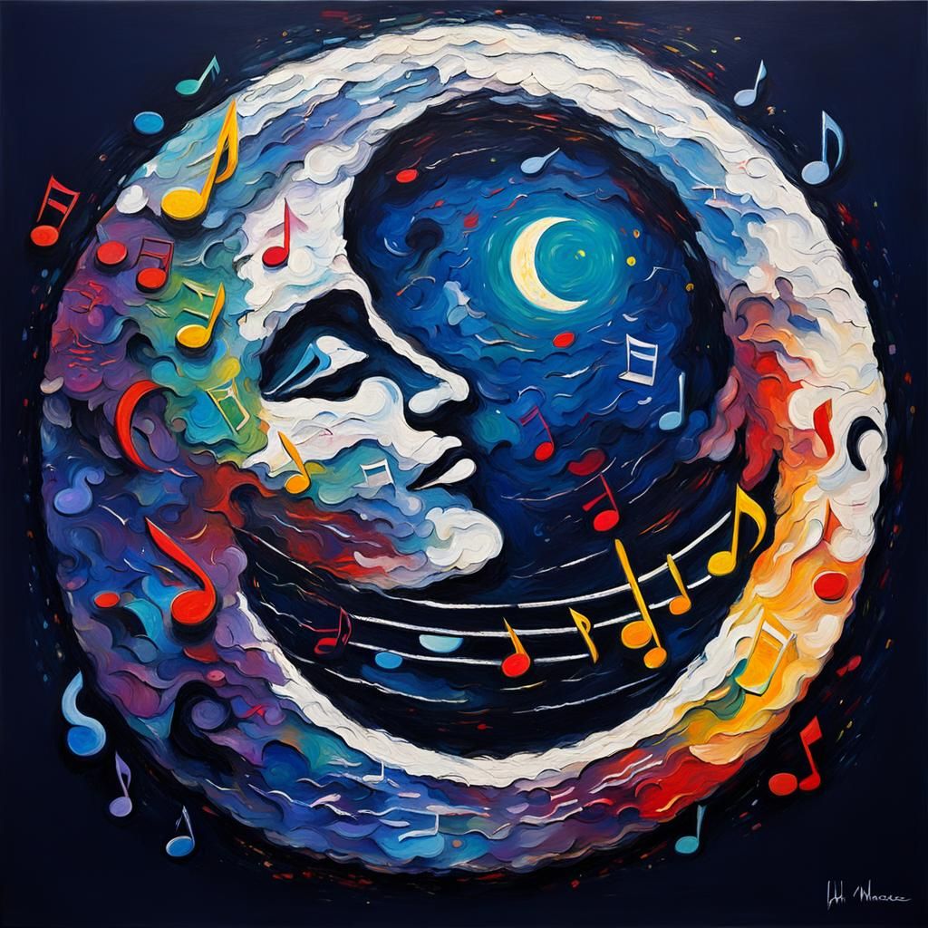 Music Notes Across the Moon: Neo-Impressionist Oil Painting