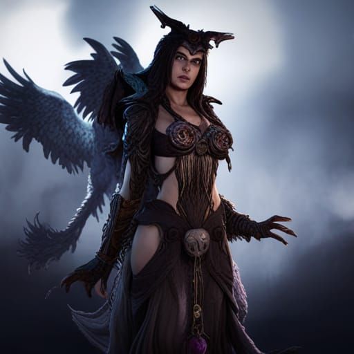 Lilith Escorted by Wolf and Owl in Detailed Matte Painting