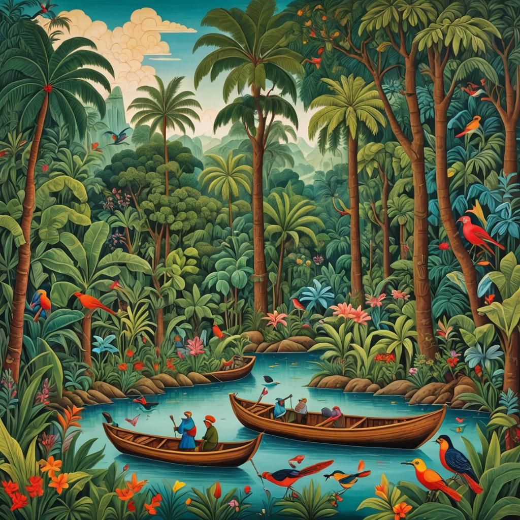 Rainforest in naive art, with birds, palms, and a river with...
