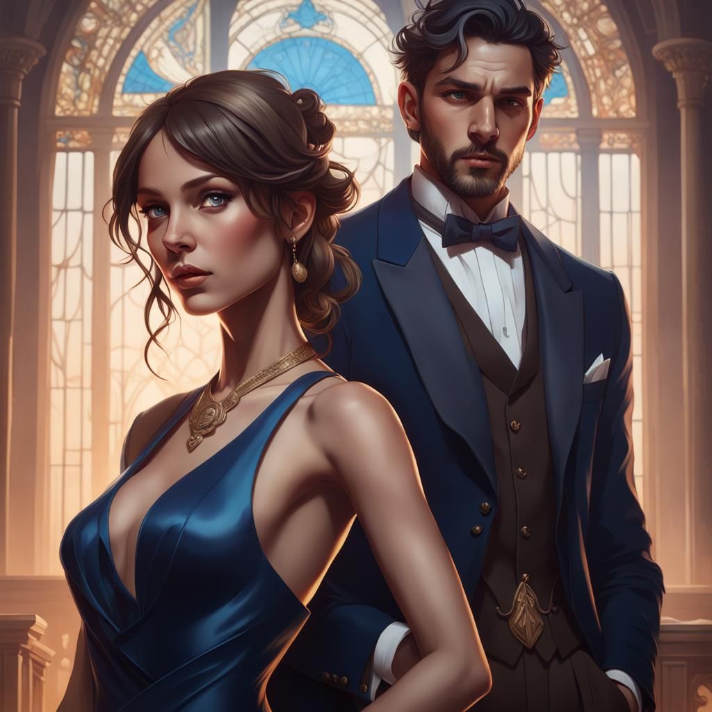 Elegant Portrait of Girl in Blue Dress and Boy