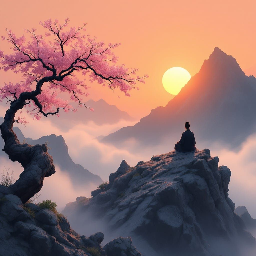 Serene Figure Meditates Amidst Cherry Blossoms at Sunset