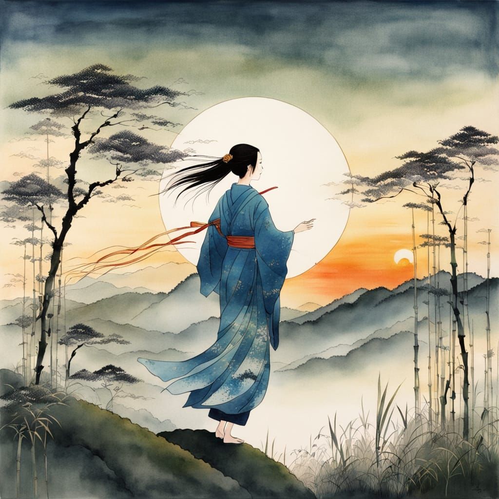 Japanese Lady Contemplates Sunrise Over Bamboo Plantation