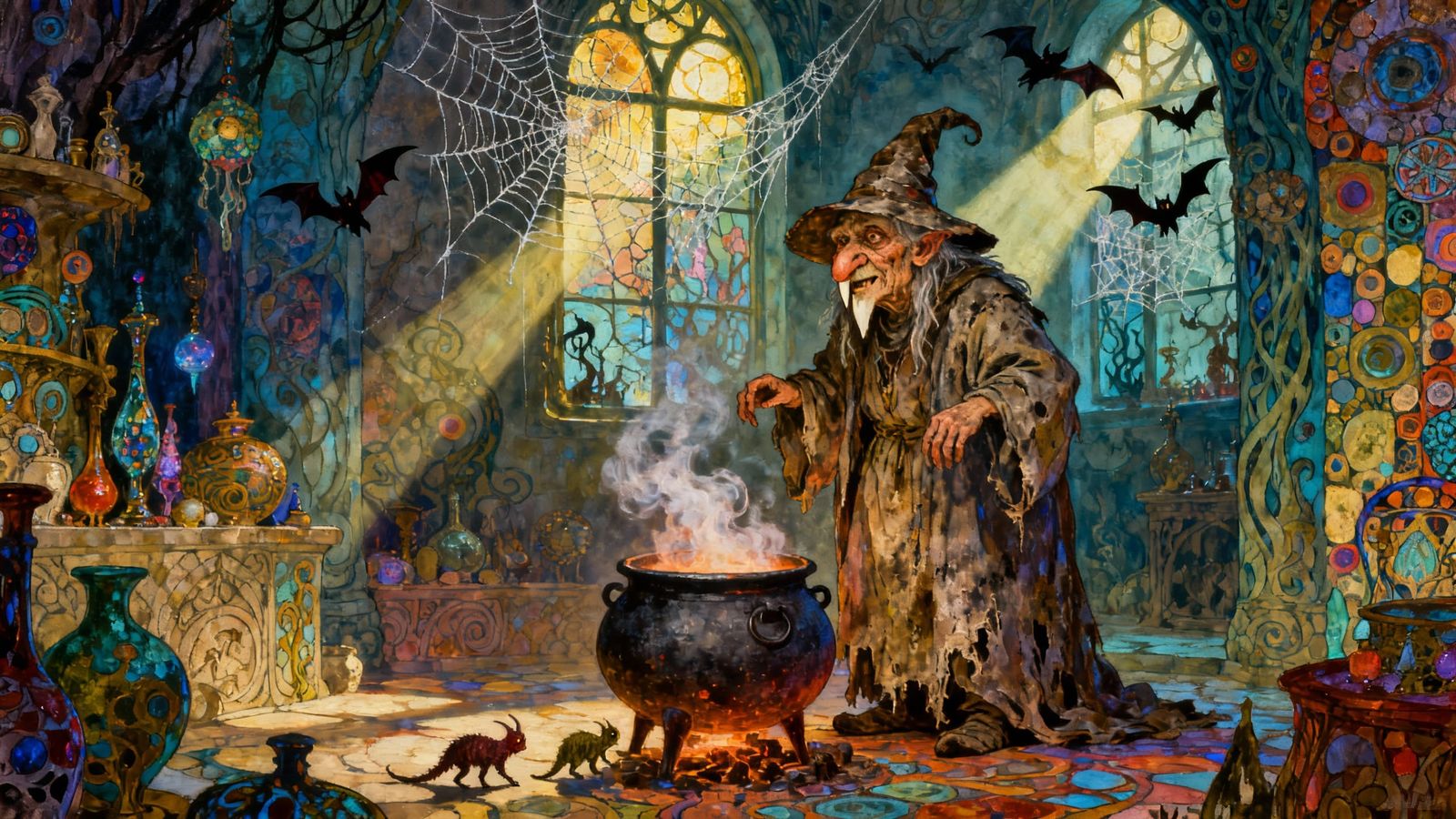 Art Nouveau Witch in Ancient Chamber Painting