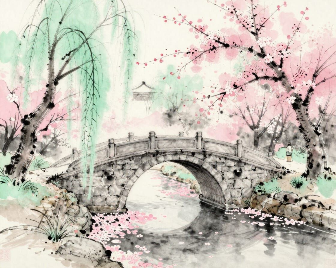 Fantasy Watercolor-Gouache Painting of a Spring Blossom Brid...