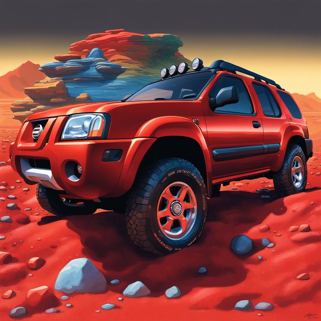 Red 2002 Nissan Xterra in Splash Art Style