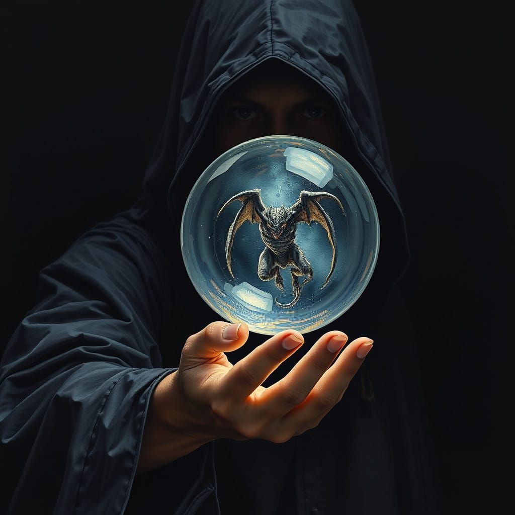 Demon trapped inside a clear glass orb being held by a wizard in the dark black