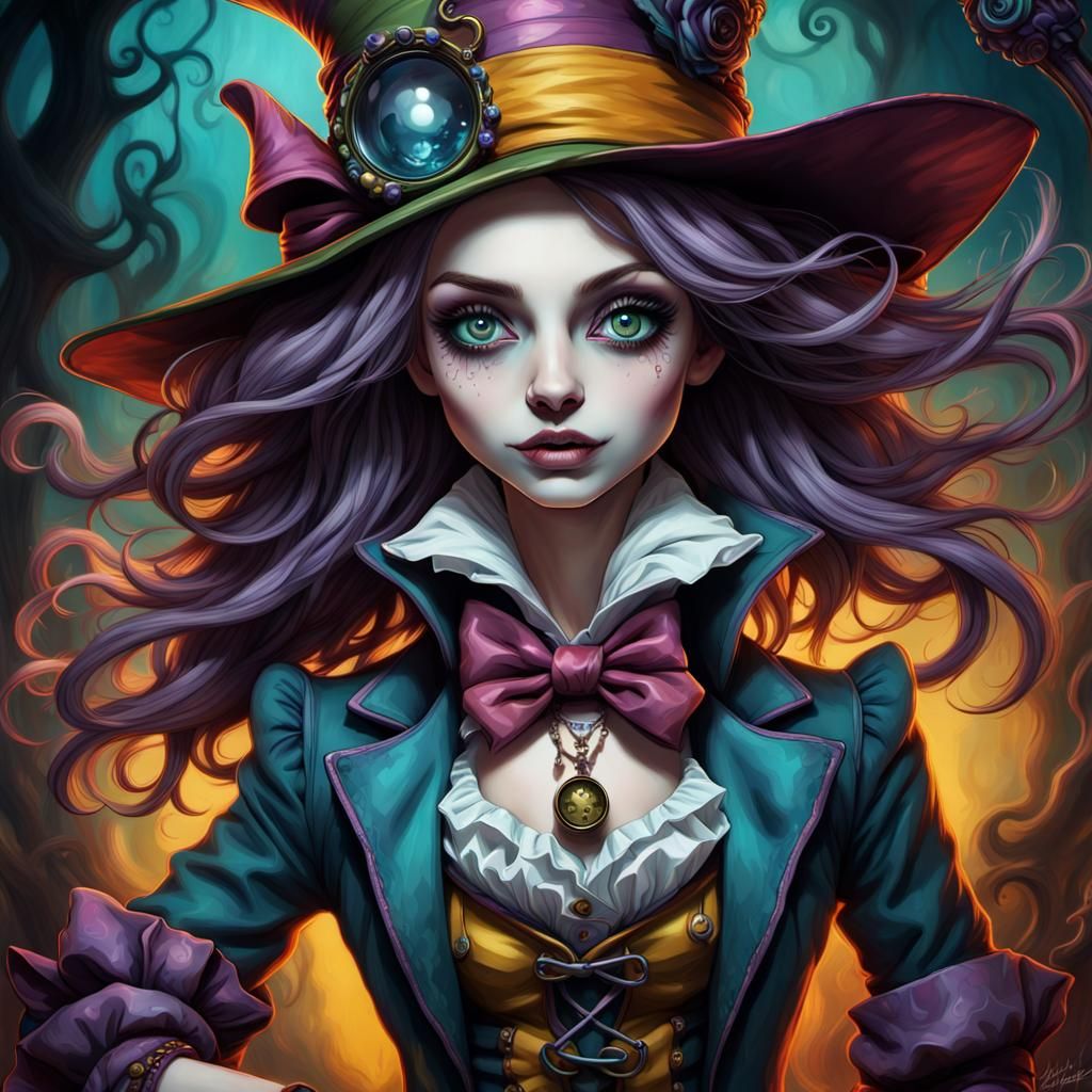 Female Mad Hatter Art Masterpiece in Mixed Media