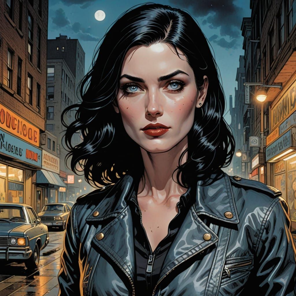 Journalist Woman with Piercing Blue Eyes in Leather Jacket