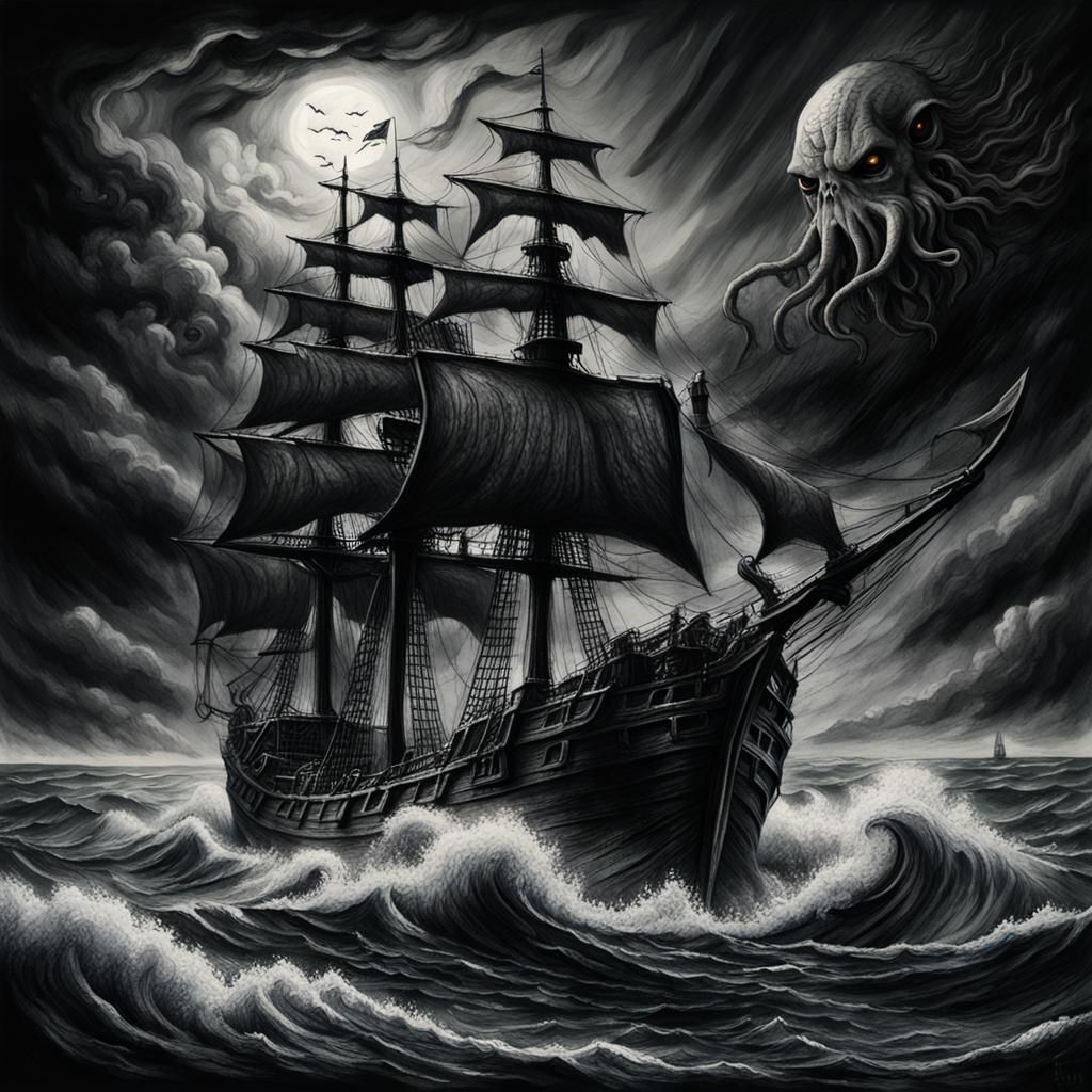 Ethereal Charcoal Drawing of Cthulhu Rising from the Dark Oc...