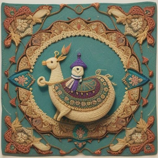Whimsical Fairy on Crocheted Snail in Qajar-Inspired Landsca...