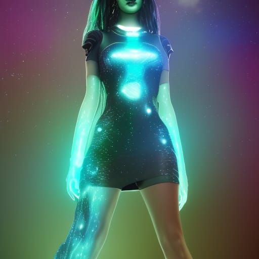 Sunflower Girl in Galaxy Dress, Cyberpunk Style