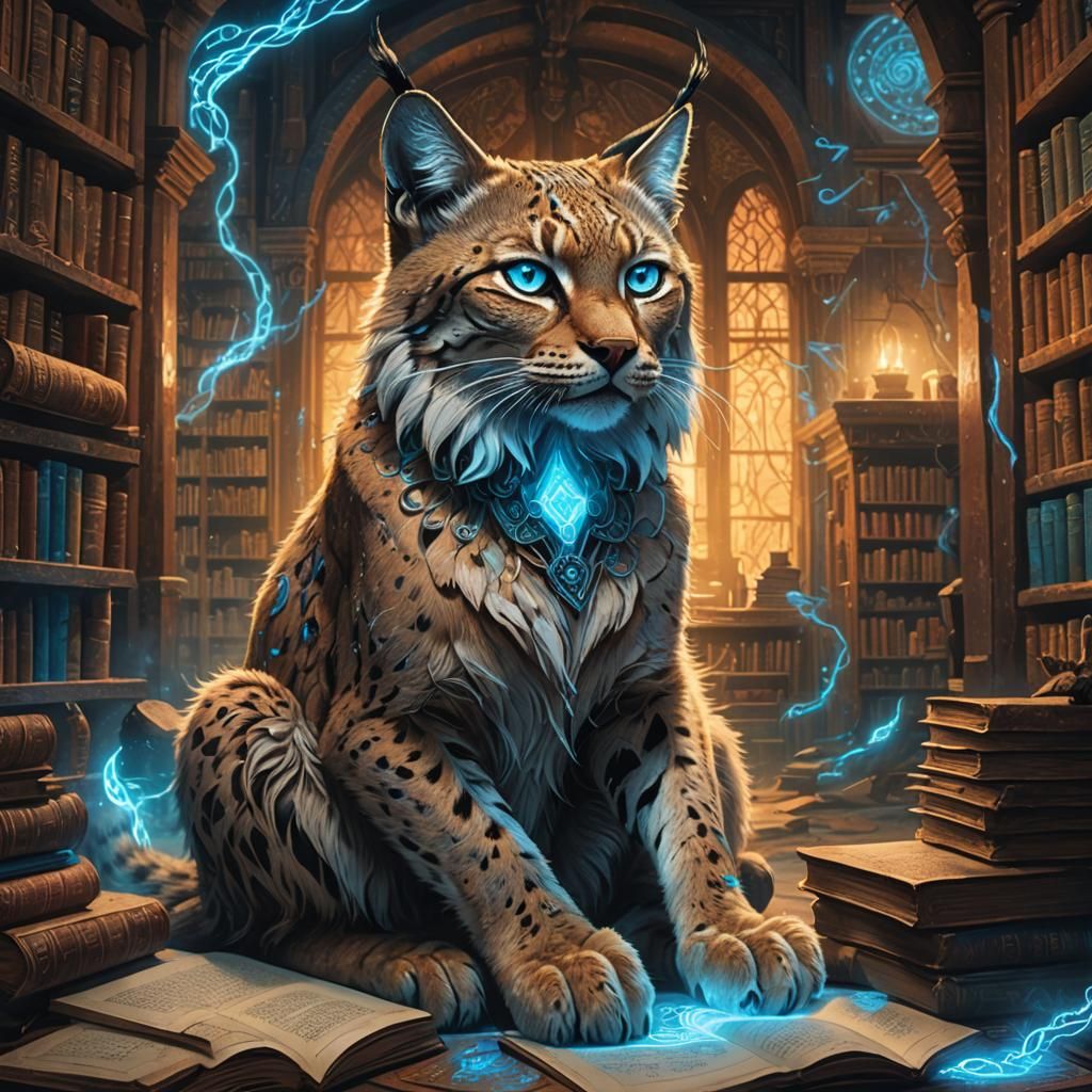 Mystical Lynx Cat in Fantasy Library, Matte Painting