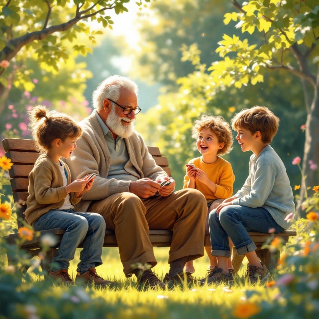 Grandfather and Grandchildren Playing on Summer Afternoon