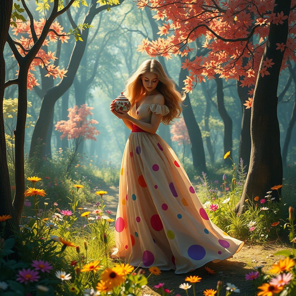 Whimsical Polkadot Maiden in Lush Forest Landscape