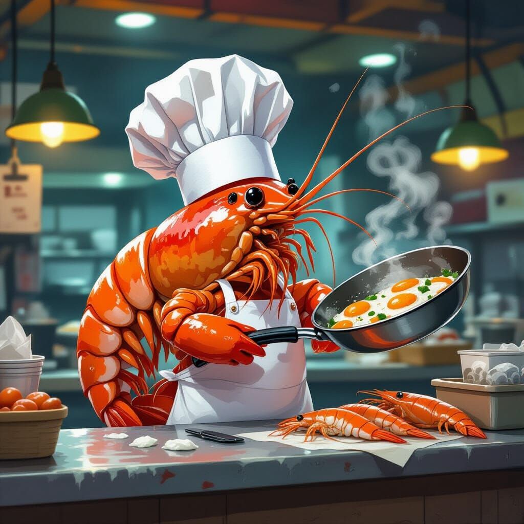 Gigantic Chef Shrimp at Seafood Market, Whimsical Illustrati...