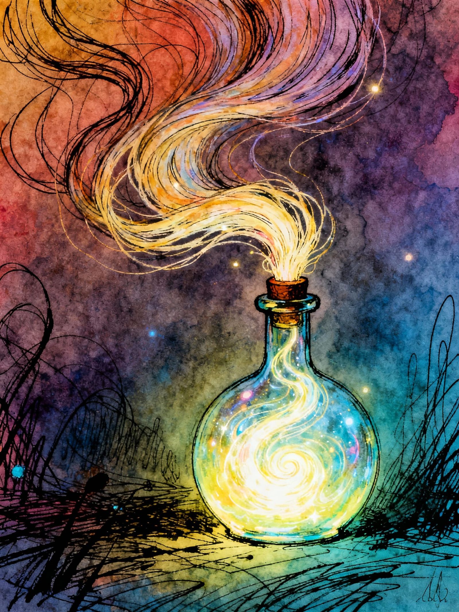 Magic Potion Bottle Grows Long Hair in Dreamlike Sketch