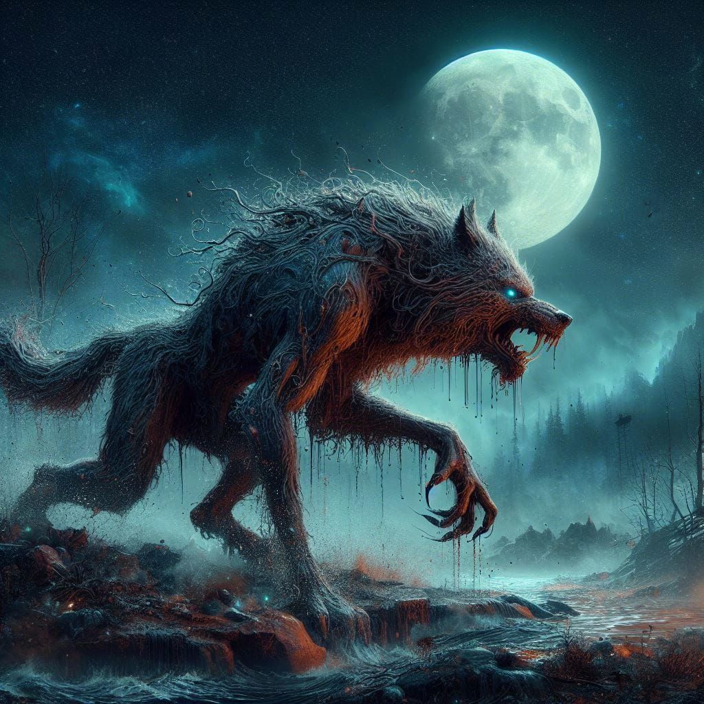 Detailed Werewolf Roams Under Moonlight, Digital Art