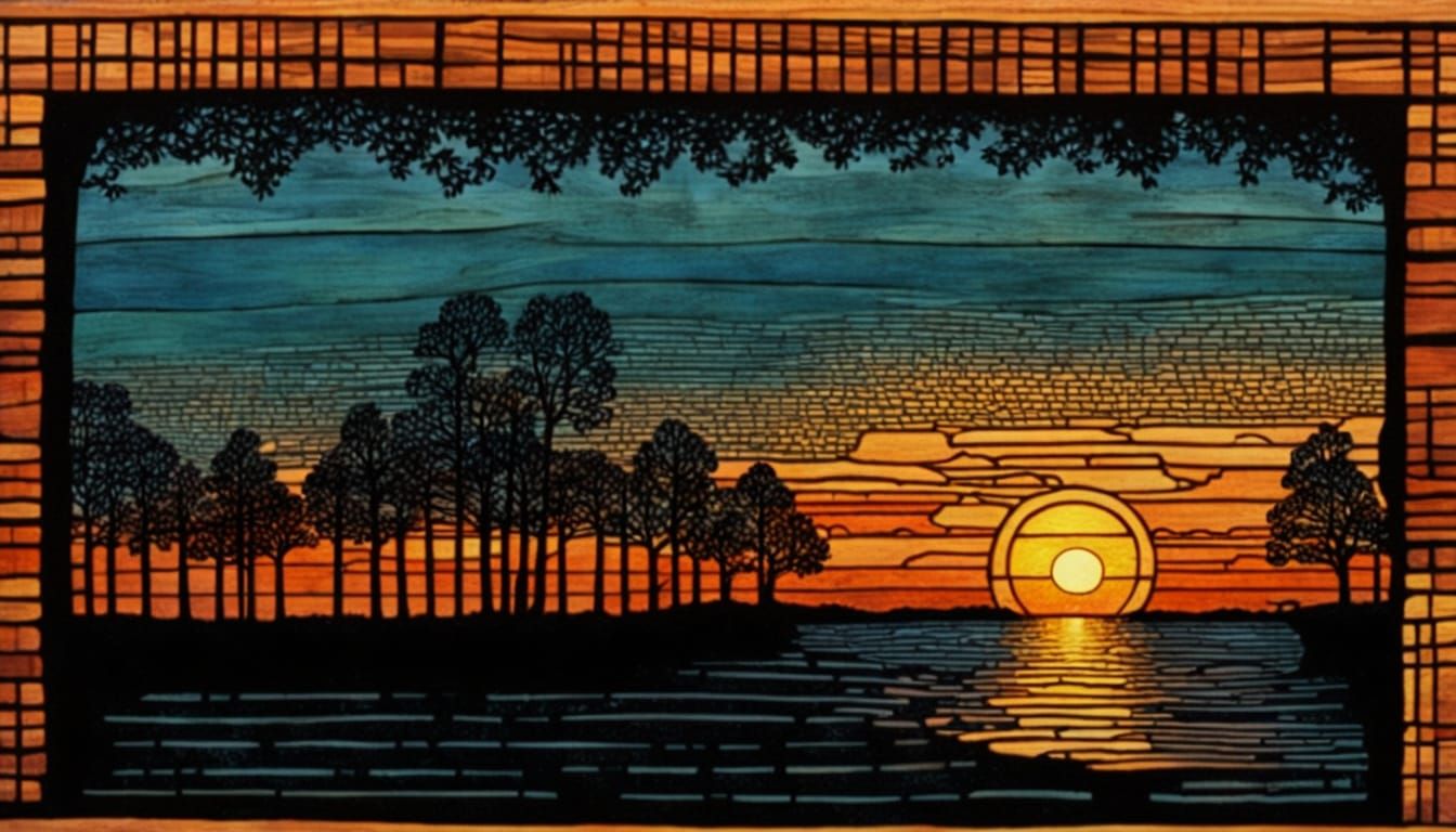 Ossified Woodcut Lattice Dreamscape Sunrise
