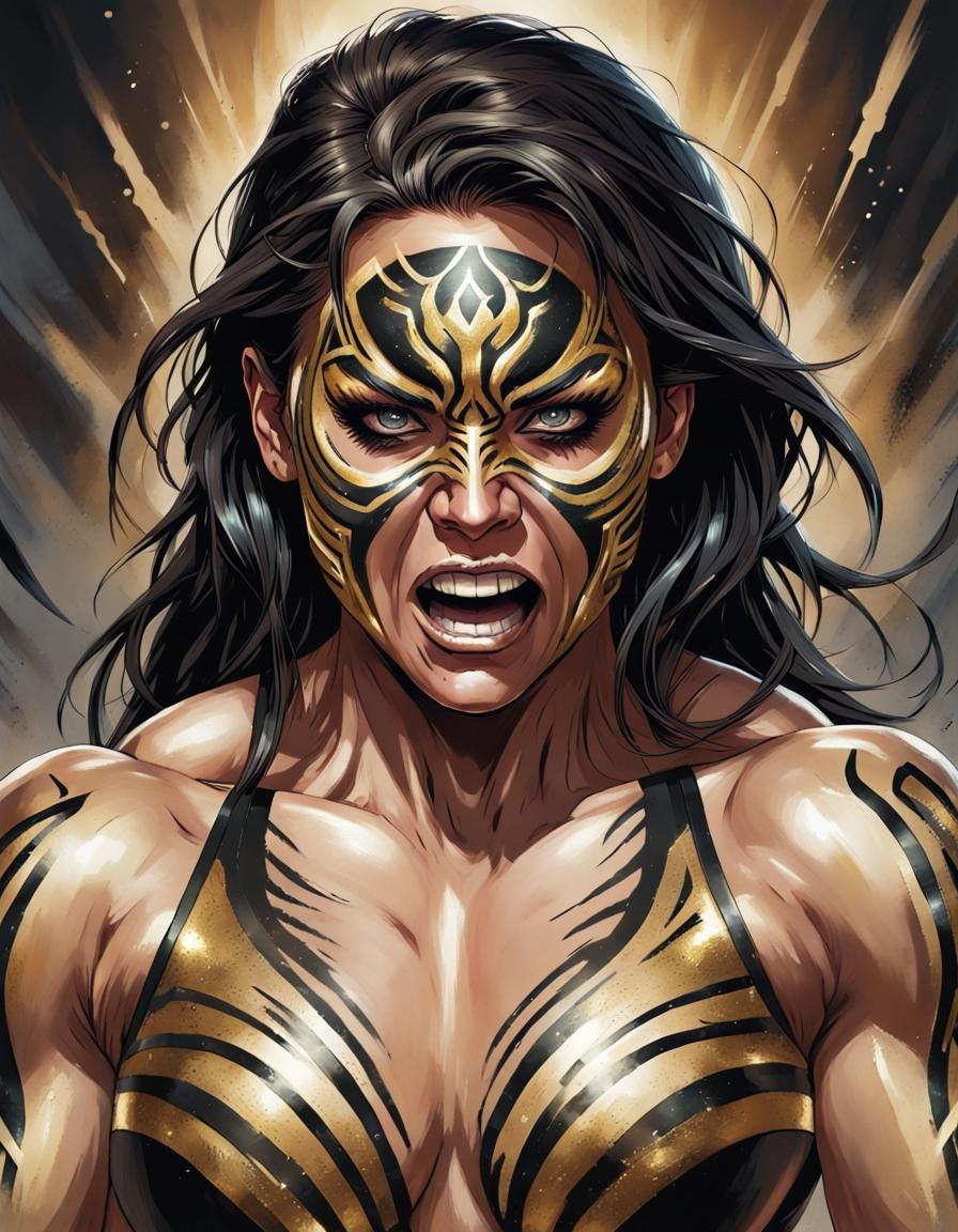 black and gold tribal face paint on an enraged screaming ver...