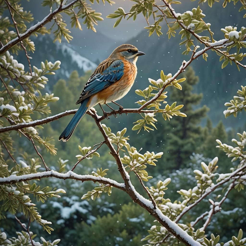 Bird on Summer Tree with Snowy Mountains