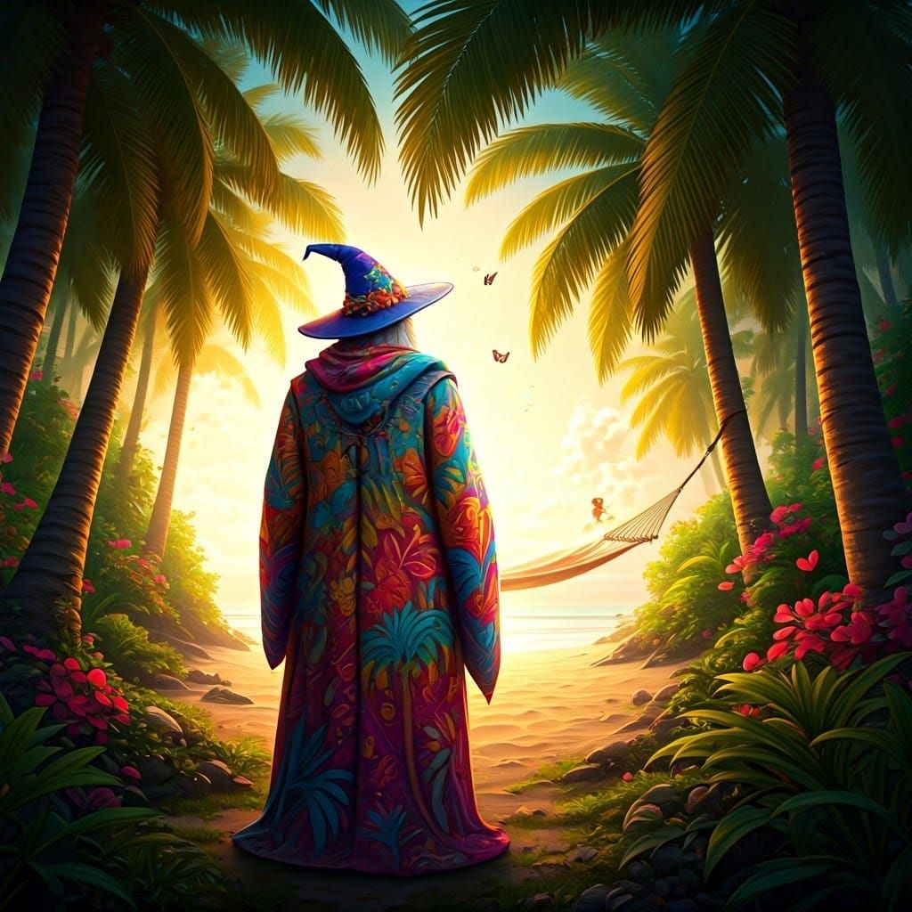 Whimsical Wizard in Tropical Palm Tree Forest